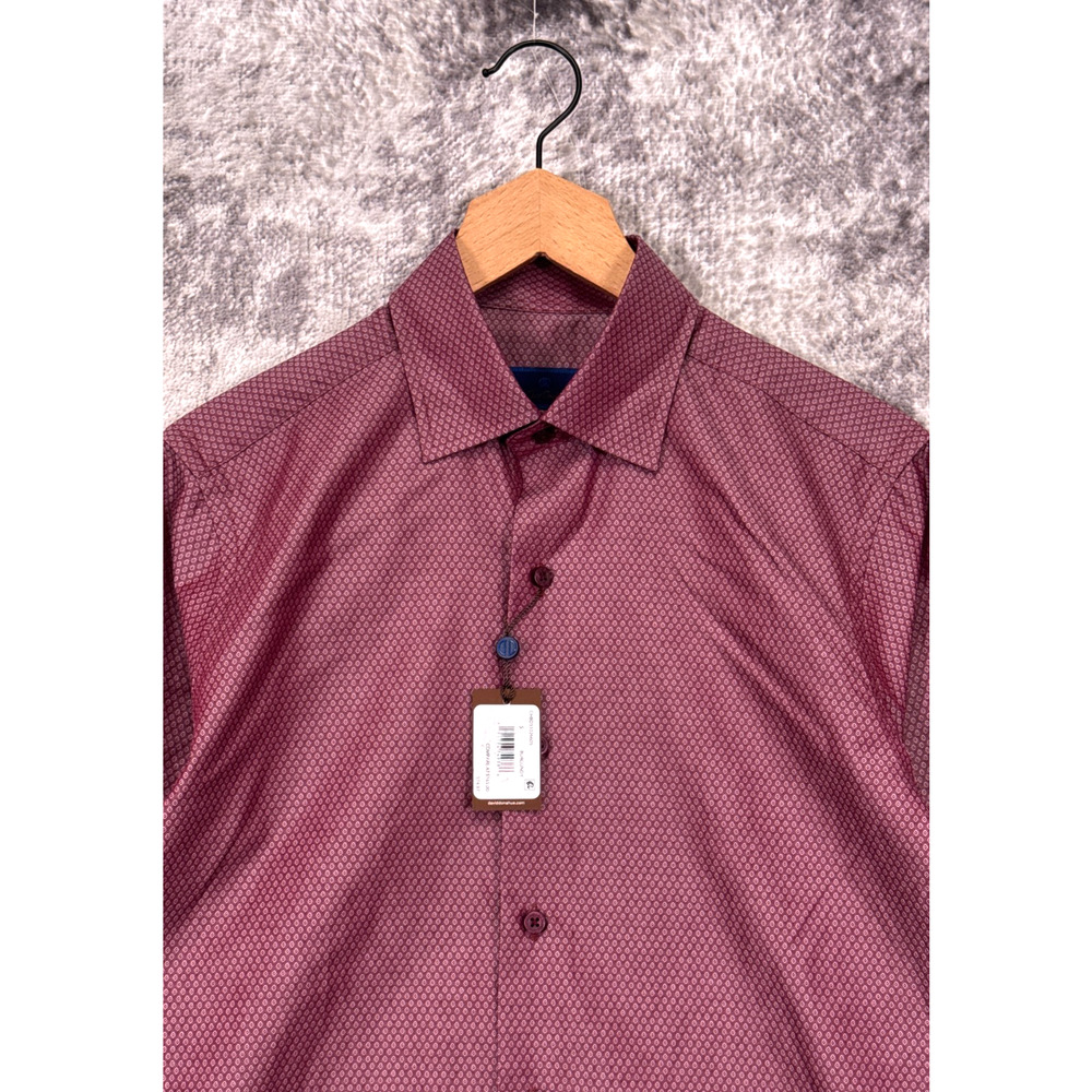New David Donahue Sport Shirt Small Mens Red Burgundy Geometric Dress Shirt